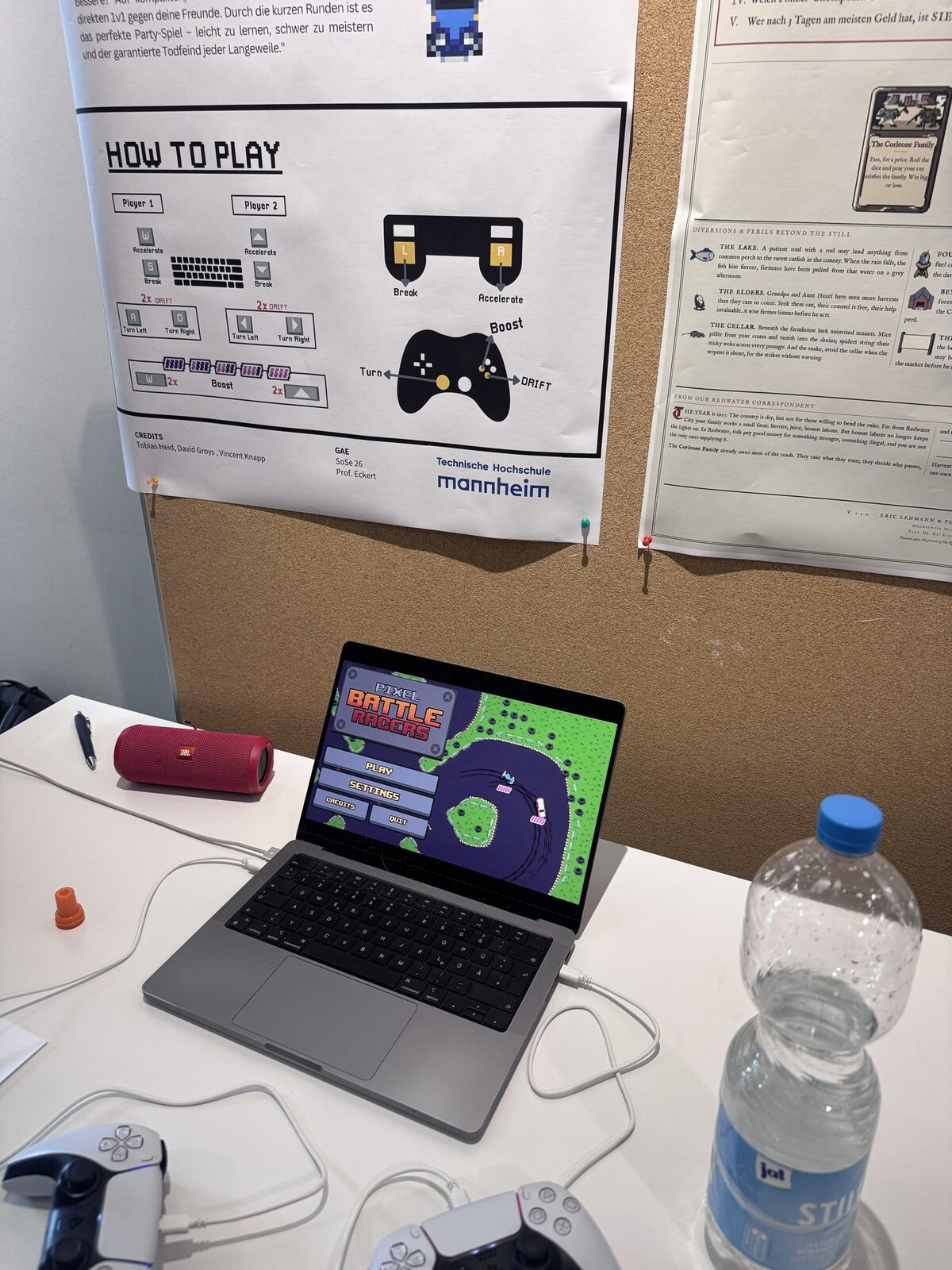 Pixel Battle Racers set up for two players — one screen, two controllers.